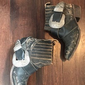 Distressed leather black cowboy booties w/ buckle